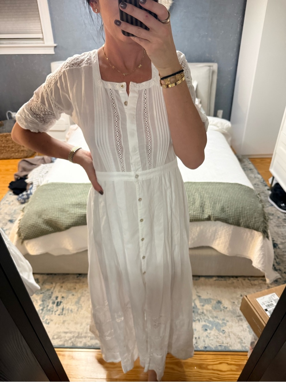 LoveShackFancy White Lace-Trim Button-Front Maxi Dress